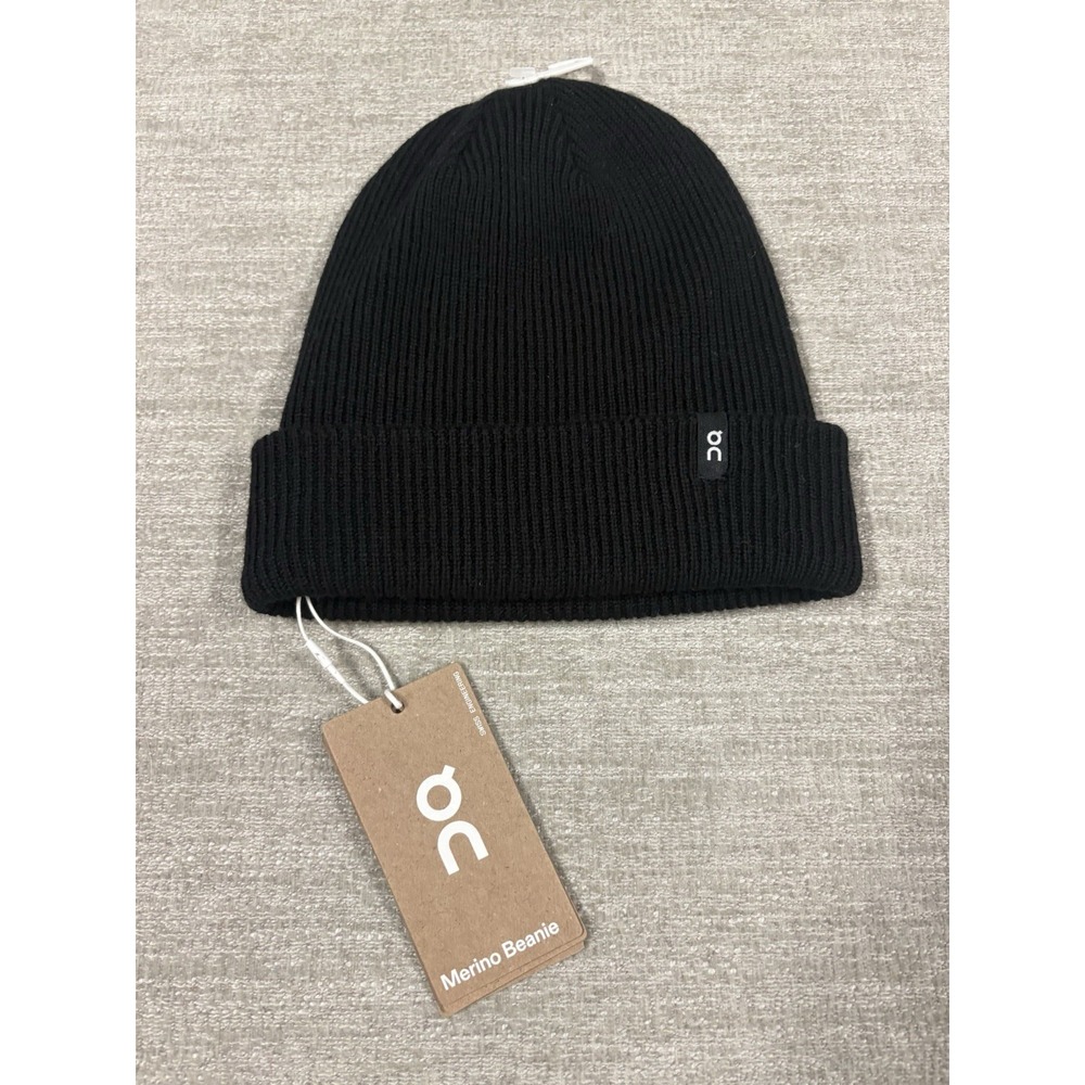 On Cloud Merino Beanie Black 100% Wool Soft Cuff Knit Hat One Size NWT NEW